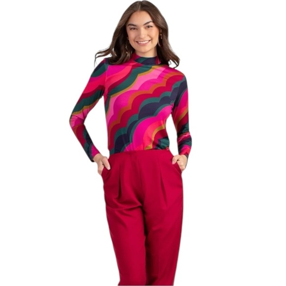 Trina Turk Pierce Long Sleeve Top Medium Teal Pink - Picture 3 of 7